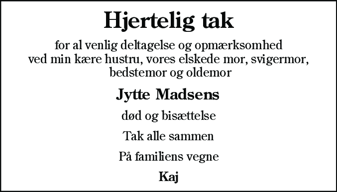 Dødsannonce for Jytte Madsen