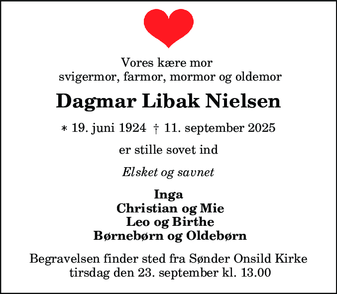 Dødsannonce for Dagmar Libak Nielsen