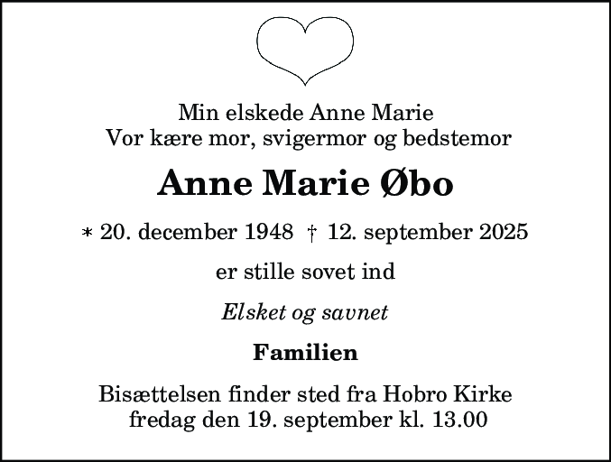 Dødsannonce for Anne Marie Øbo
