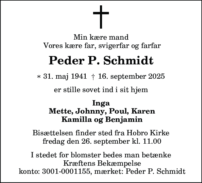 Dødsannonce for Peder Pedersen Schmidt