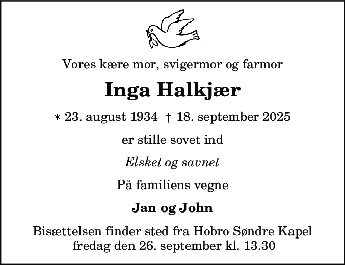 Dødsannonce for Inga Lydia Halkjær