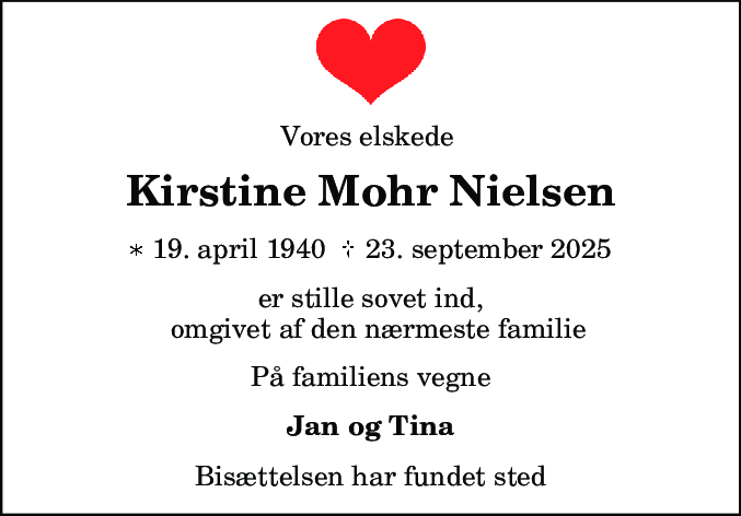 Dødsannonce for Kirstine Mohr Nielsen