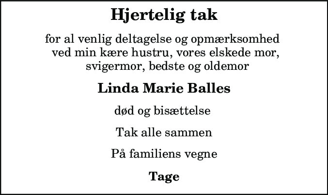 Dødsannonce for Linda Marie Balle