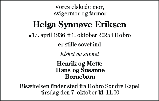 Dødsannonce for Helga Synnøve Eriksen