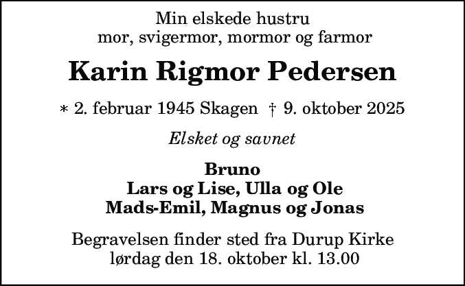 Dødsannonce for Karin Rigmor Pedersen