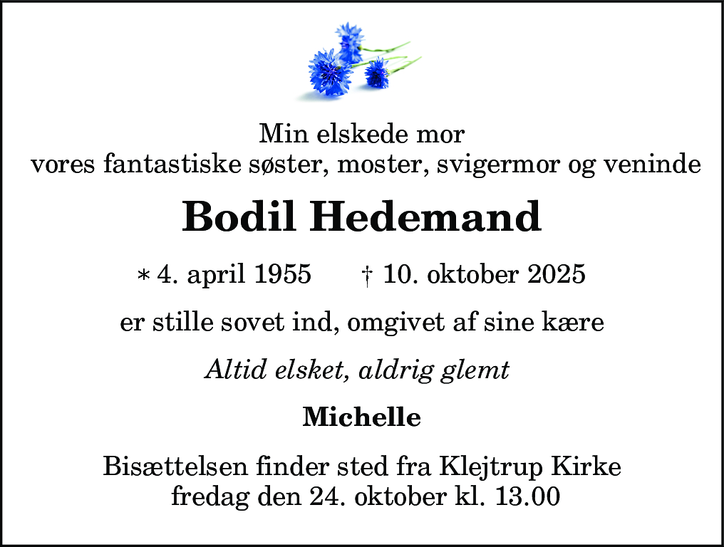 Dødsannonce for Bodil Helen Hedemand