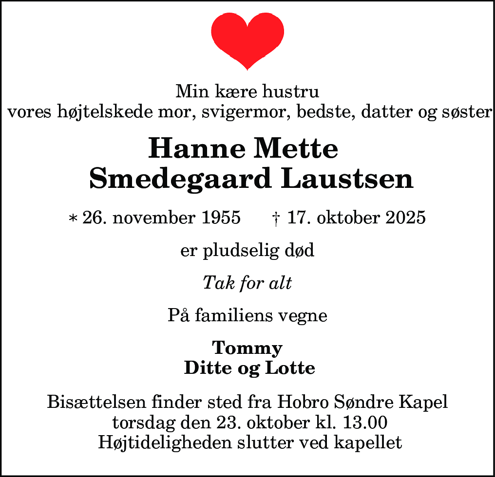 Dødsannonce for Hanne Mette Smedegaard Laustsen