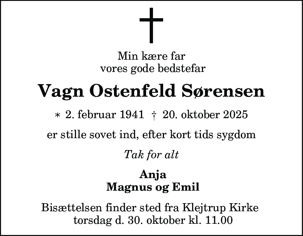 Dødsannonce for Vagn Ostenfeld Sørensen
