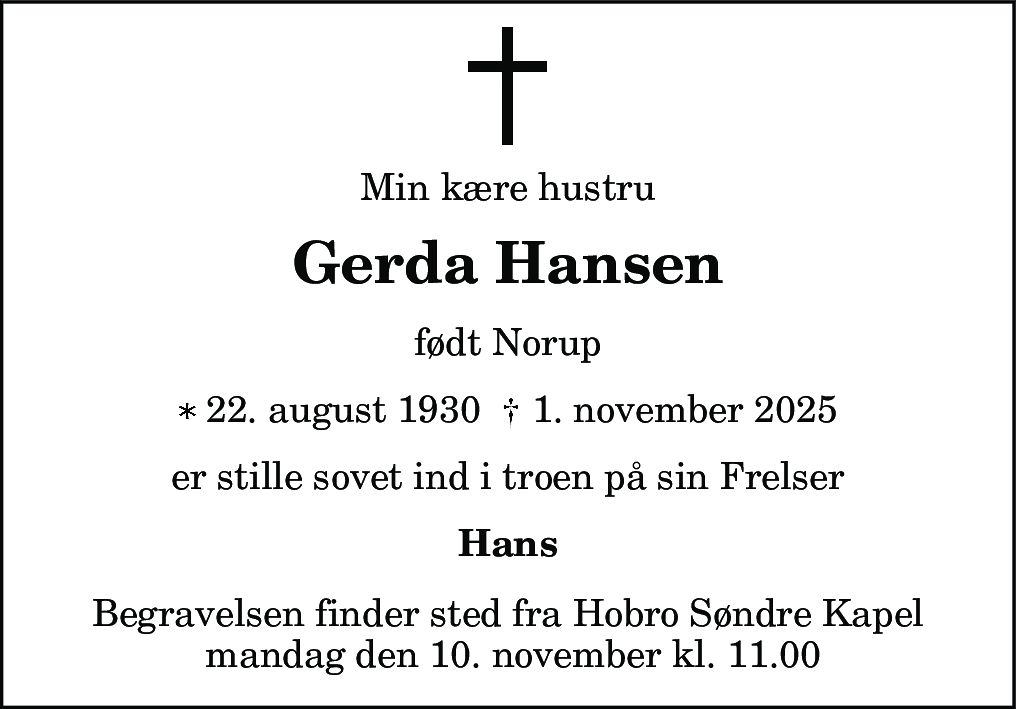 Dødsannonce for Gerda Hansen