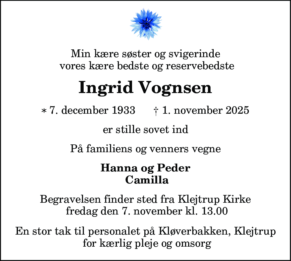 Dødsannonce for Ingrid Mathilde Vognsen