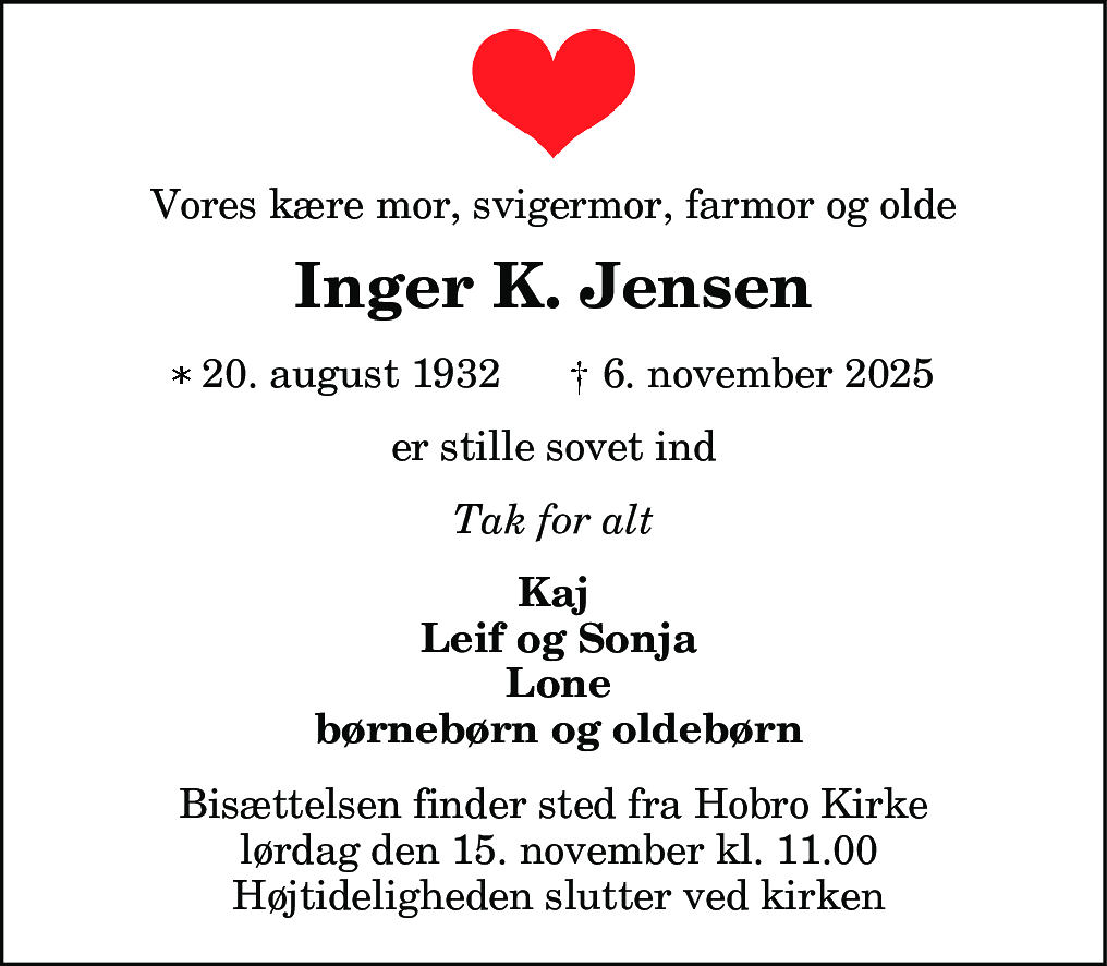 Dødsannonce for Inger Kirstine Jensen
