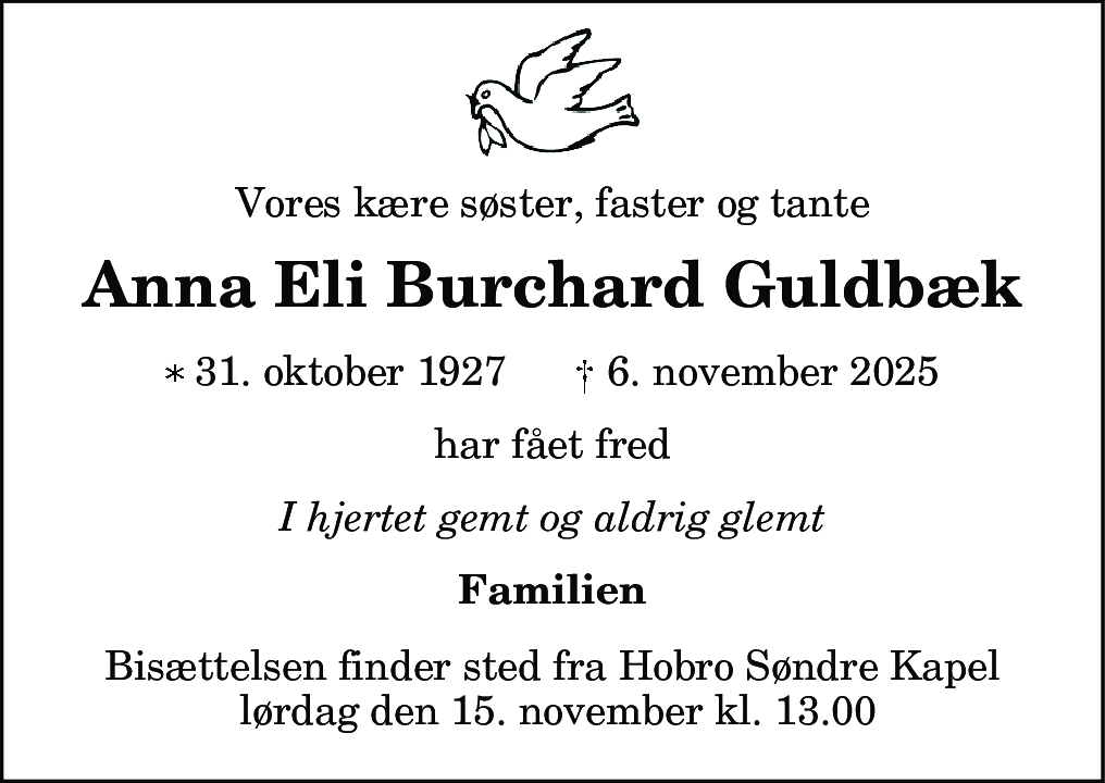 Dødsannonce for Anna Eli Burchard Guldbæk