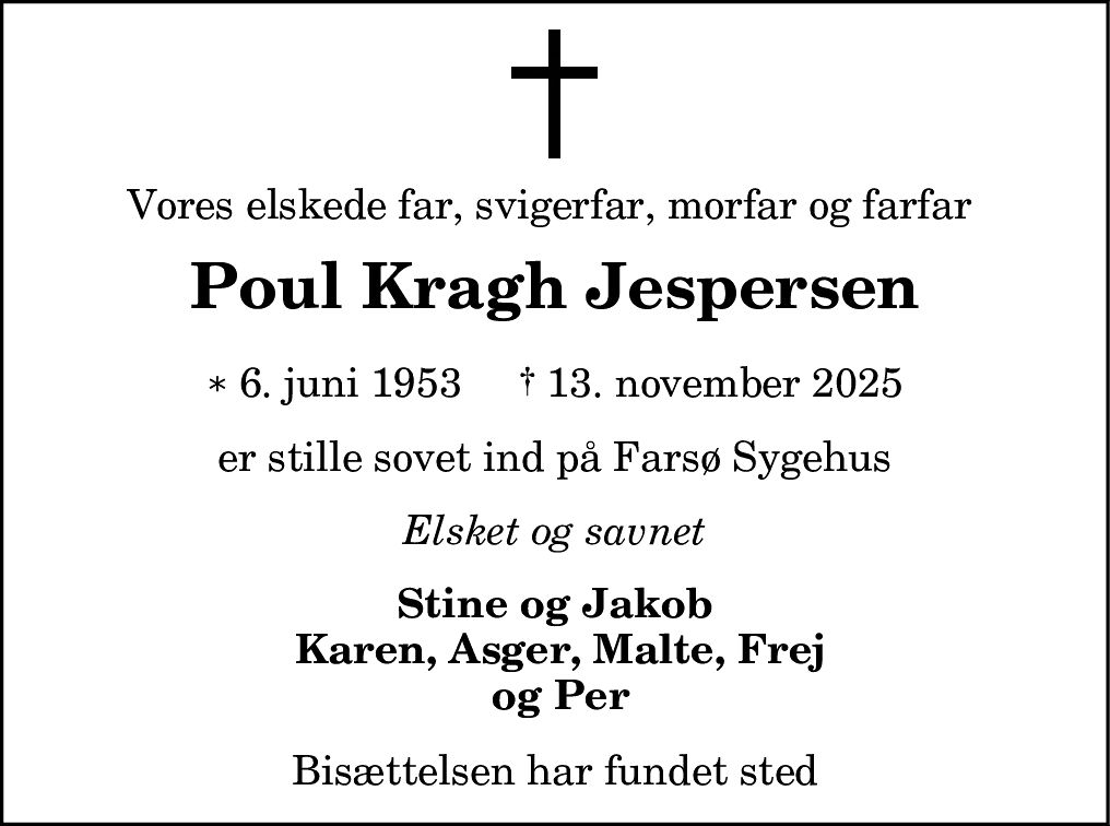 Dødsannonce for Poul Kragh Jespersen