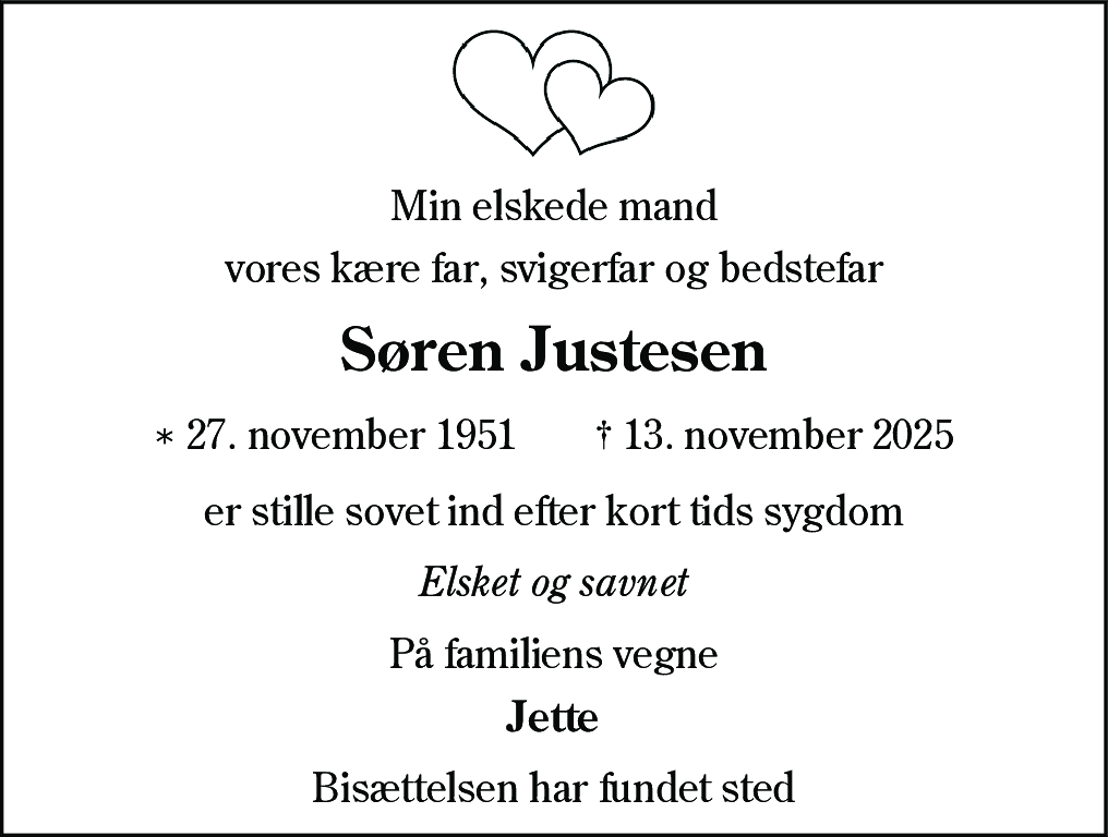 Dødsannonce for Søren Justesen