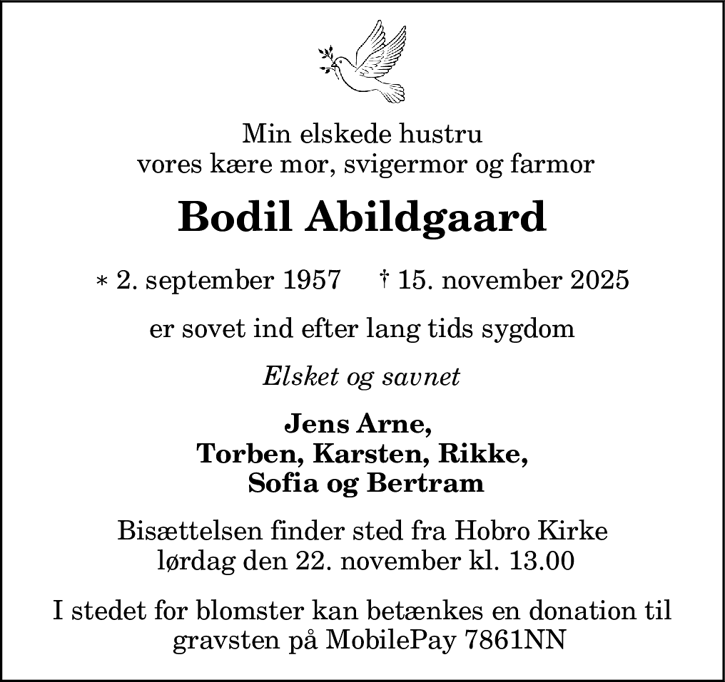 Dødsannonce for Bodil Abildgaard