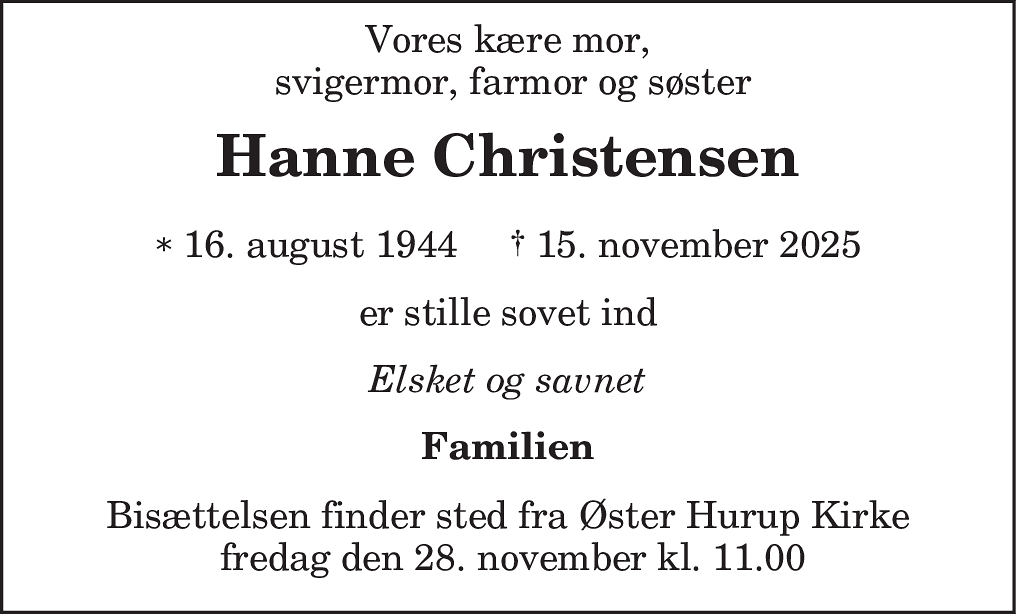 Dødsannonce for Hanne Christensen