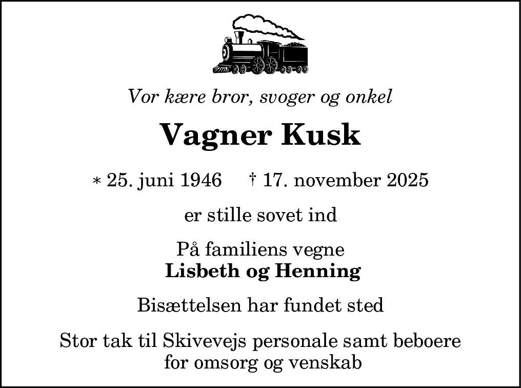 Dødsannonce for Wagner Vilhelmsen Kusk
