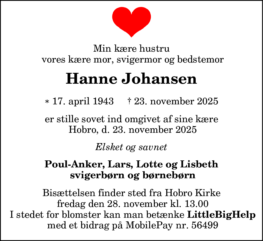 Dødsannonce for Hanne Johansen