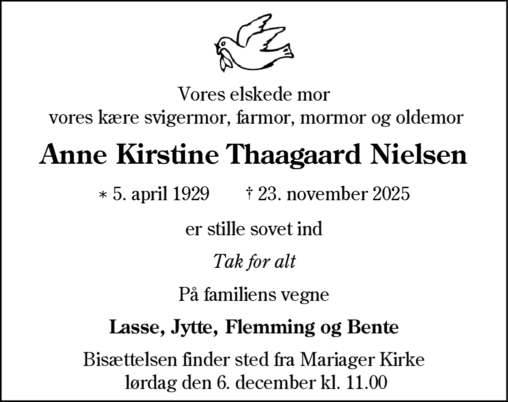 Dødsannonce for Anne Kirstine Thaagaard Nielsen