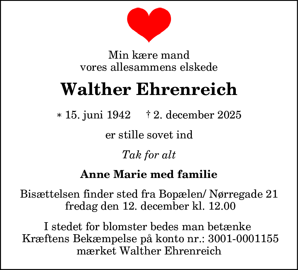 Dødsannonce for Niels Walther Ehrenreich