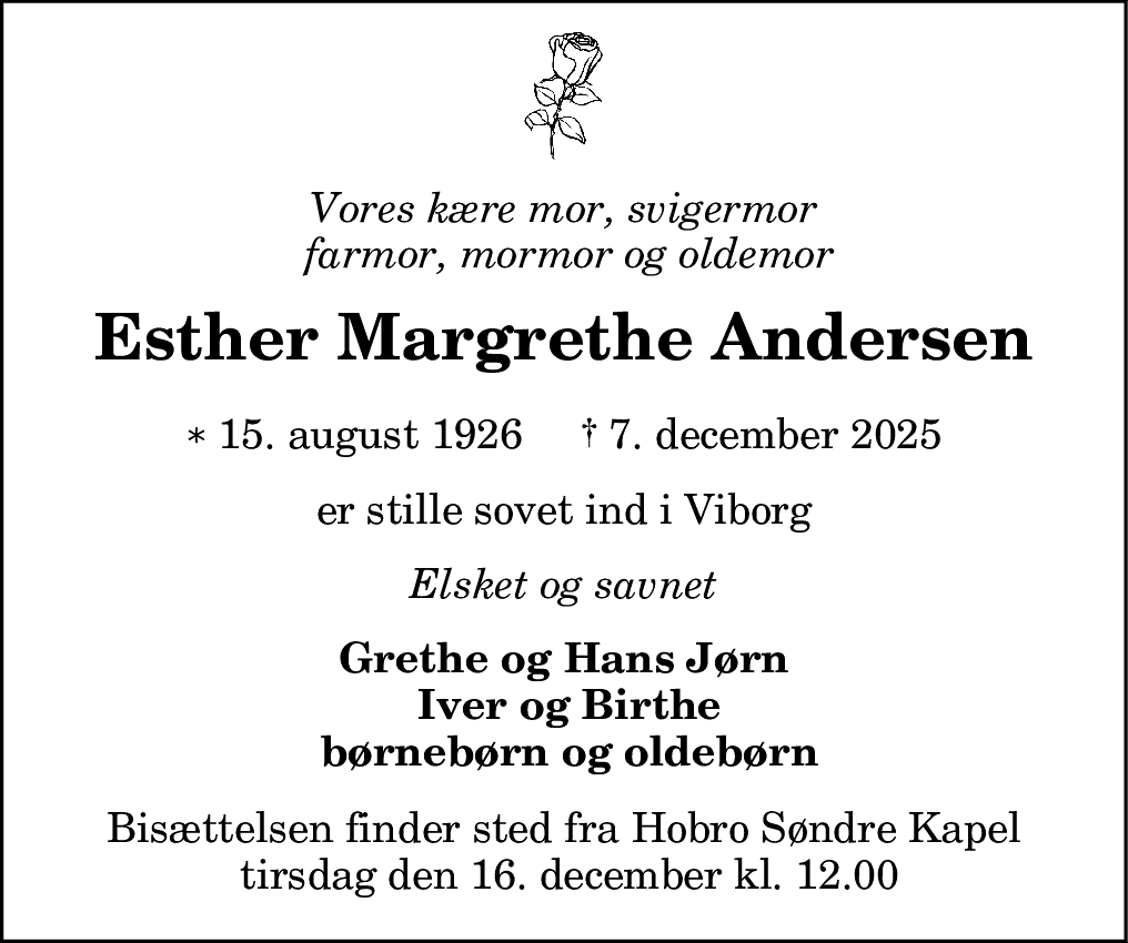 Dødsannonce for Esther Margrethe Andersen