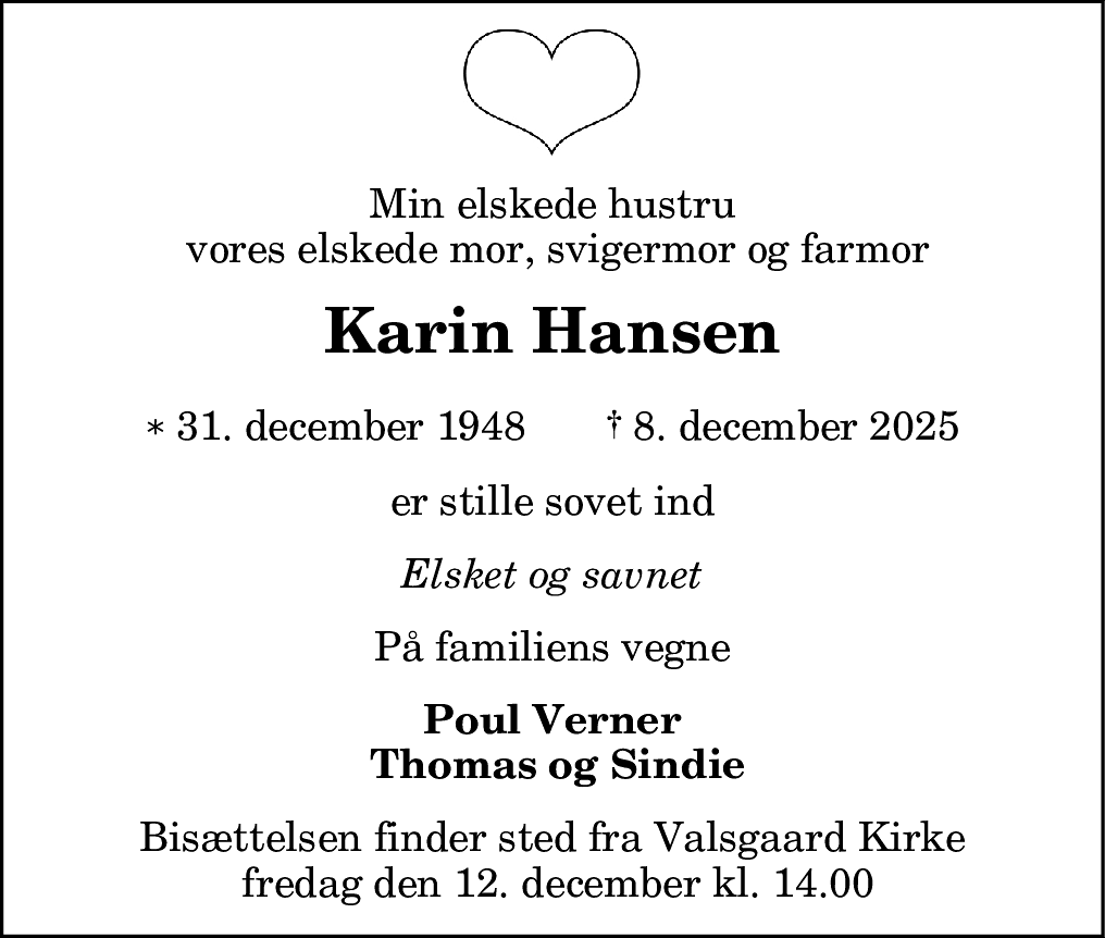 Dødsannonce for Karin Hansen