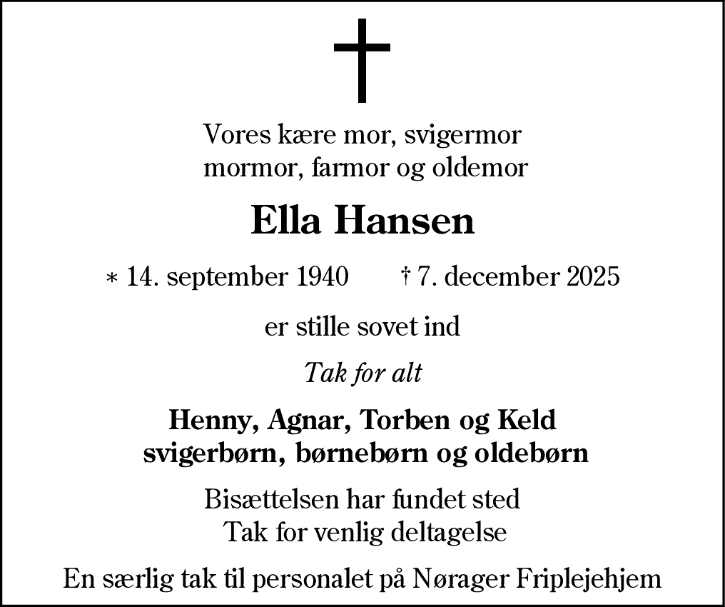 Dødsannonce for Ella Hansen