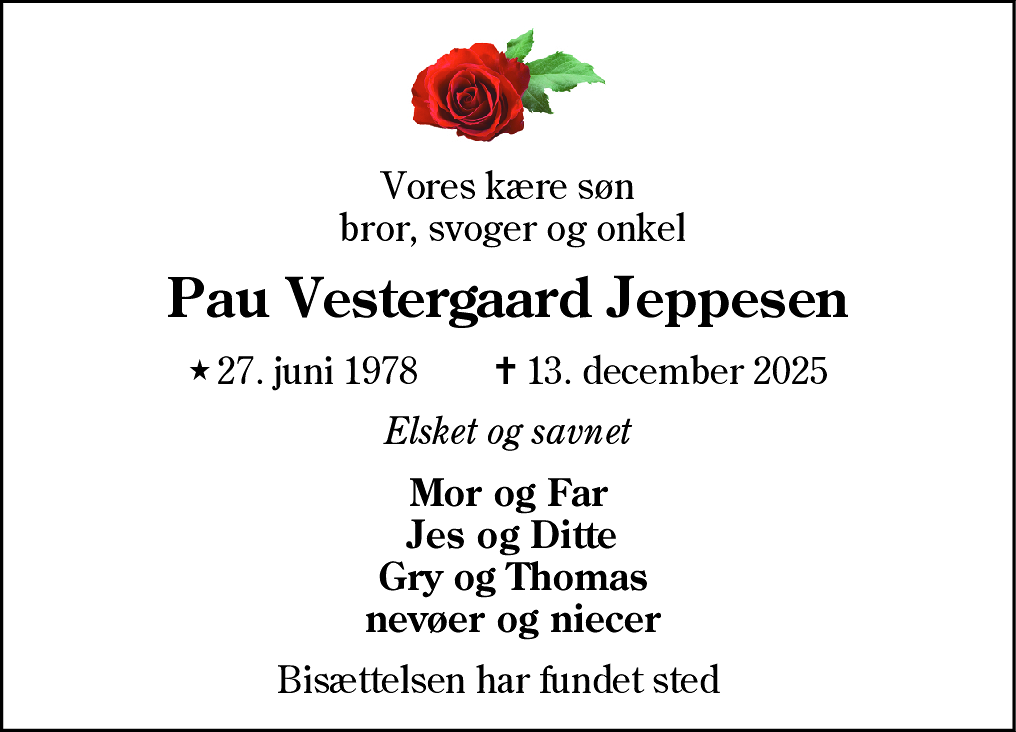 Dødsannonce for Pau Vestergaard Jeppesen