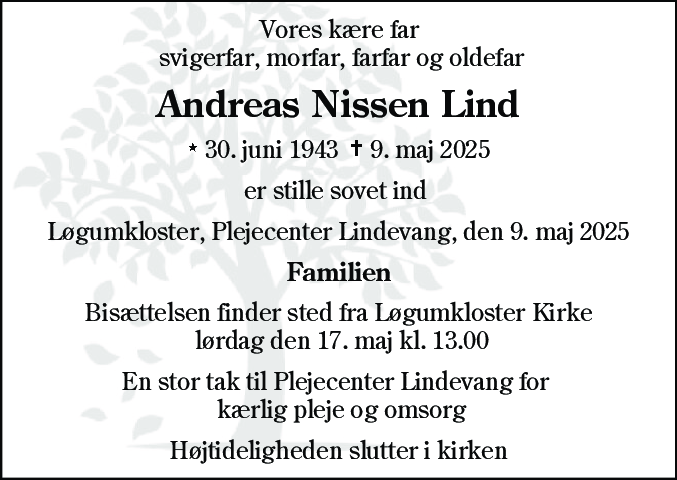 Dødsannonce for Andreas Nissen Lind