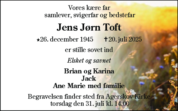 Dødsannonce for Jens Jørn Toft