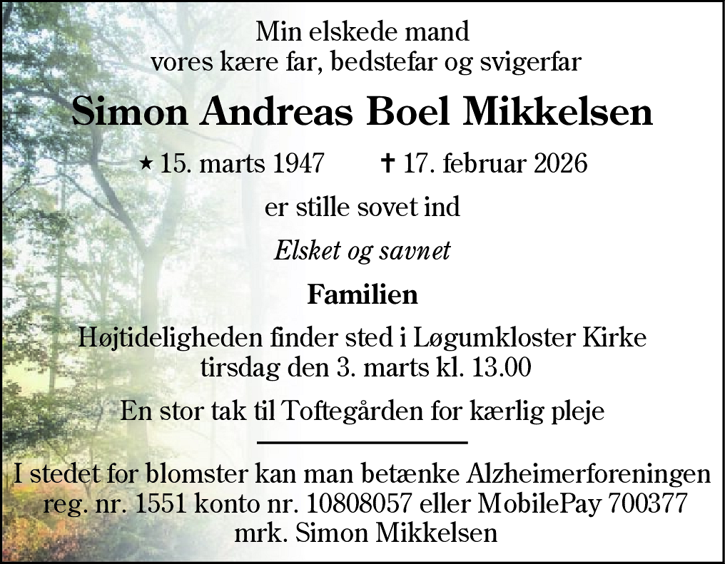 Dødsannonce for Simon Andreas Boel Mikkelsen
