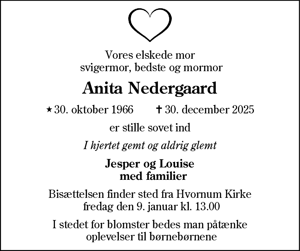 Dødsannonce for Anita Nedergaard