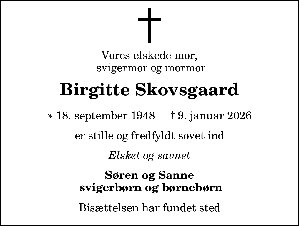 Dødsannonce for Birgitte Johanne Schou Skovsgaard