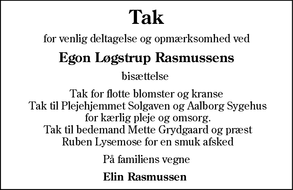 Dødsannonce for Egon Løgstrup Rasmussen