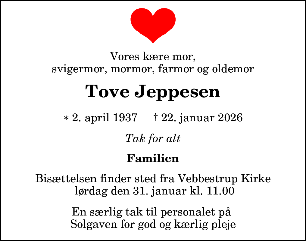 Dødsannonce for Tove Jeppesen