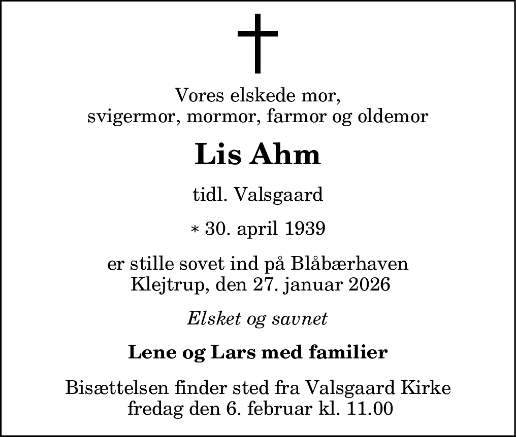 Dødsannonce for Lis Ahm
