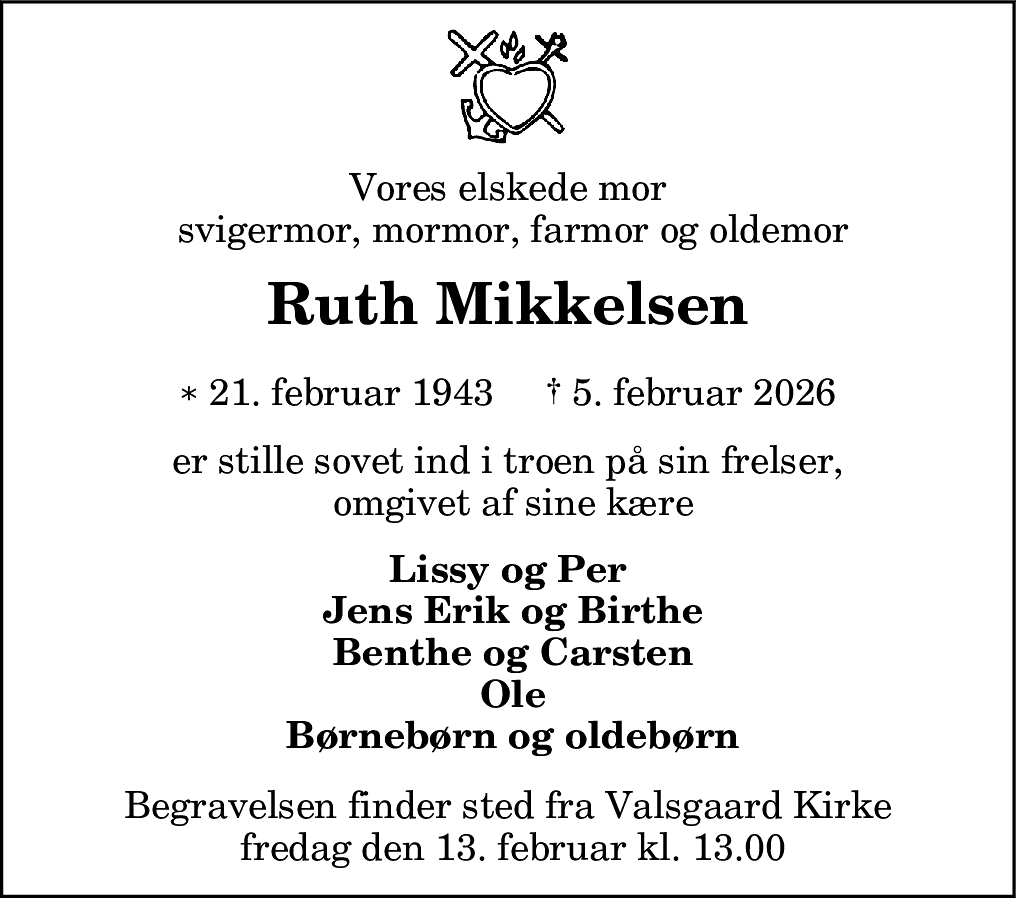 Dødsannonce for Ruth Mikkelsen