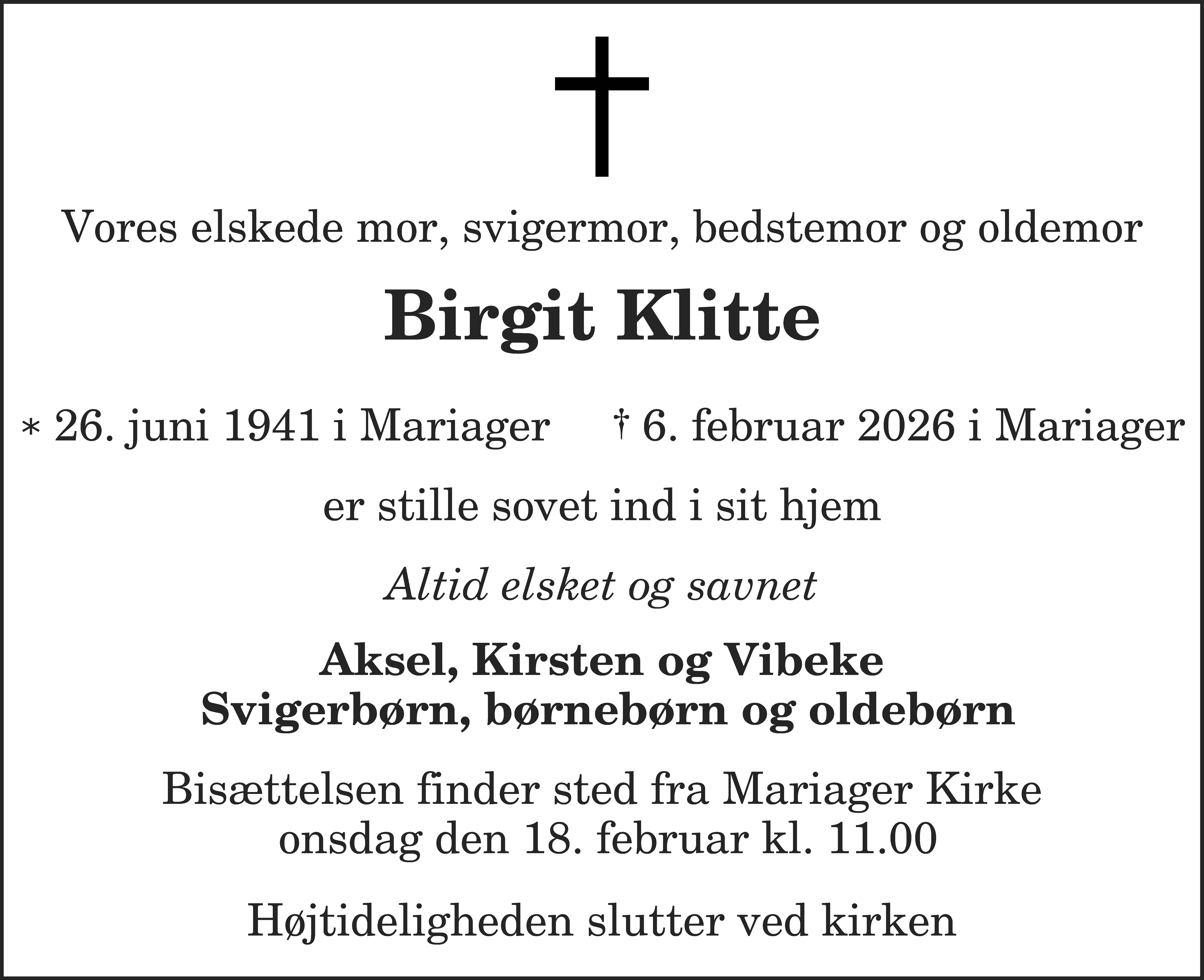 Dødsannonce for Birgit Klitte