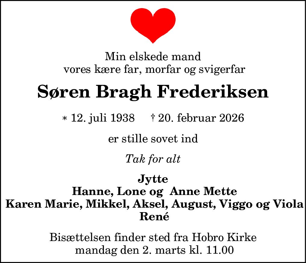 Dødsannonce for Søren Bragh Frederiksen