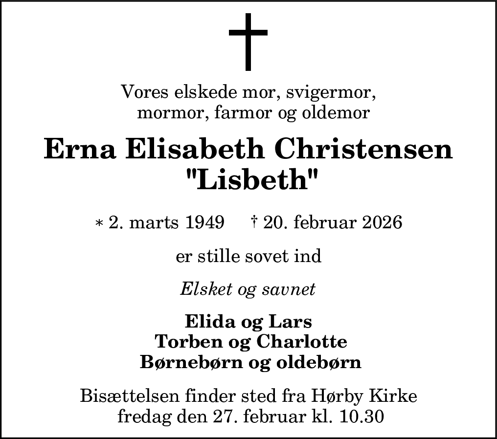 Dødsannonce for Erna Elisabeth Christensen