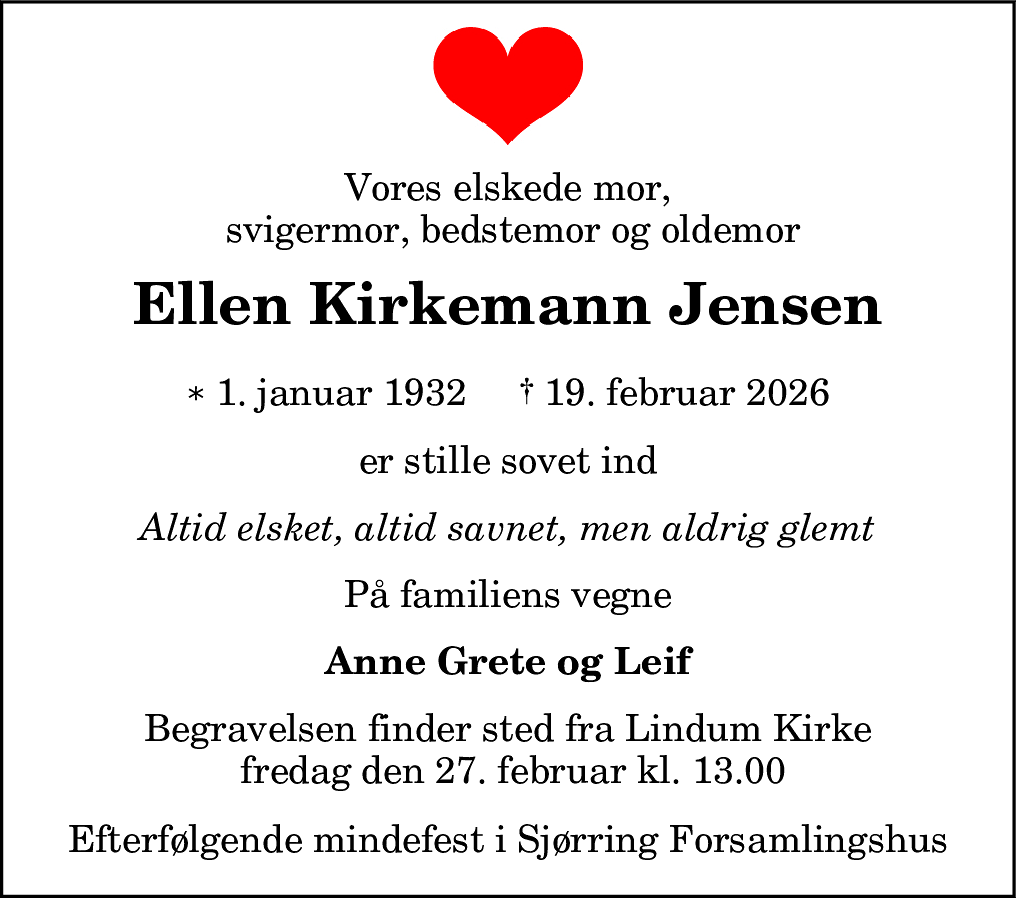 Dødsannonce for Ellen Kirkemann Jensen
