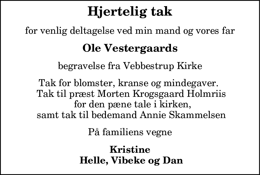 Dødsannonce for Ole Vestergaard