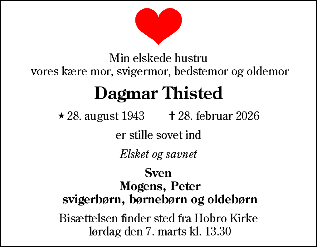 Dødsannonce for Dagmar Georgine Thisted