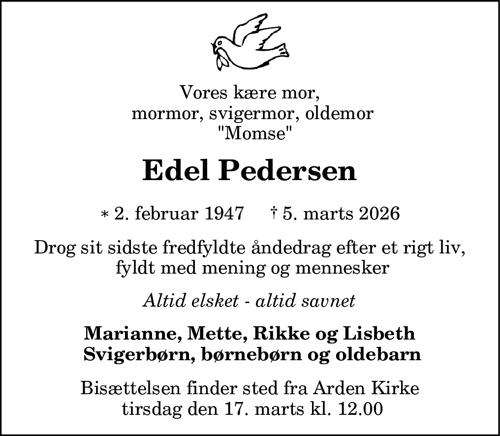 Dødsannonce for Edel Pedersen