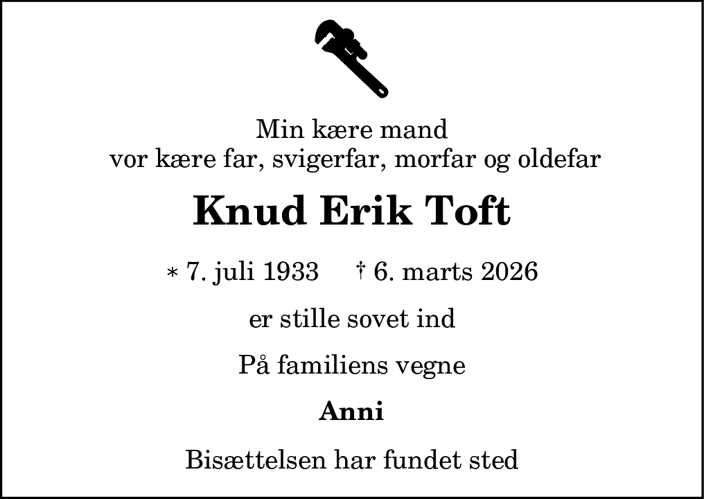 Dødsannonce for Knud Erik Nielsen Toft