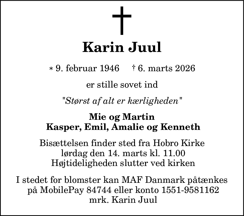 Dødsannonce for Karin Juul