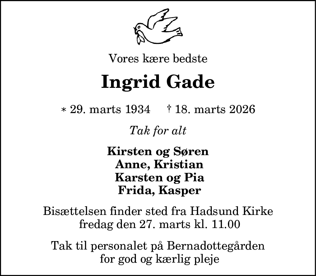 Dødsannonce for Ingrid Gade