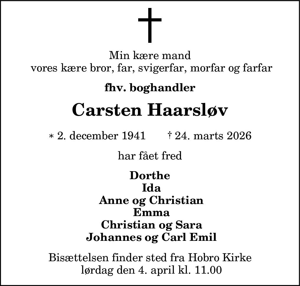 Dødsannonce for Carsten Emil Haarsløv