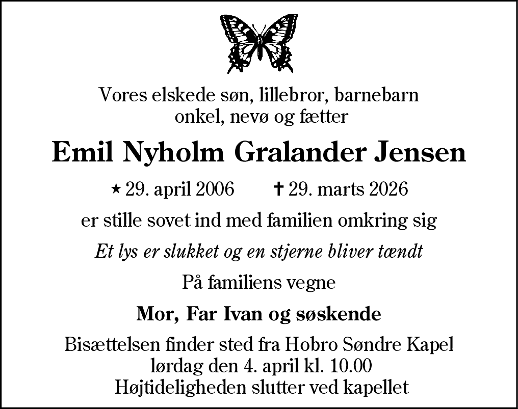 Dødsannonce for Emil Nyholm Gralander Jensen