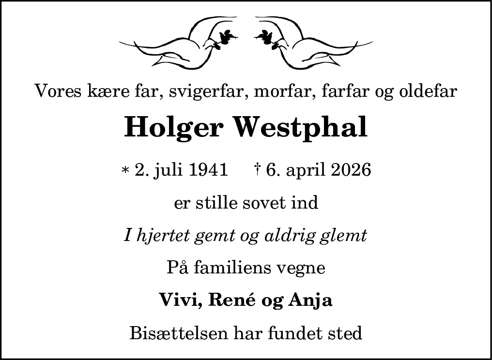 Dødsannonce for Holger Westphal